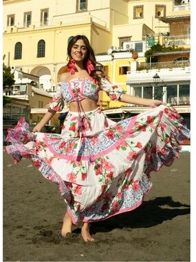 Antica Sartoria 2026 Floral Two-Piece Crop Top & Maxi Skirt Set White Pink flora